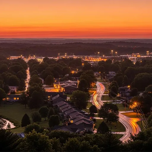 Andover, MN – neighborhood streets and homes at sunset from above