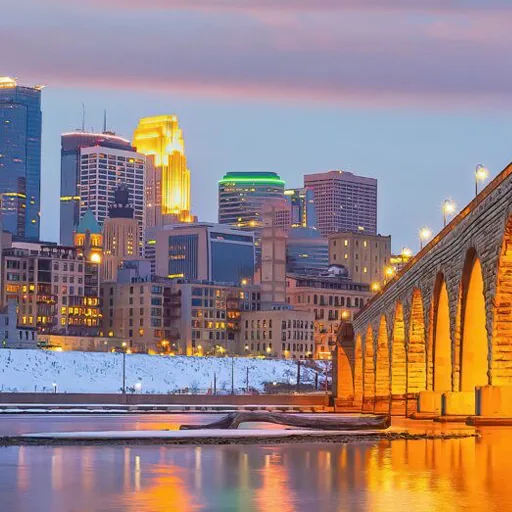 Brooklyn Park, MN – metro skyline and stone arch bridge at dusk