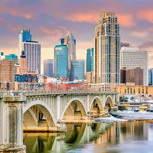 Coon Rapids, MN – downtown Minneapolis skyline and river bridge