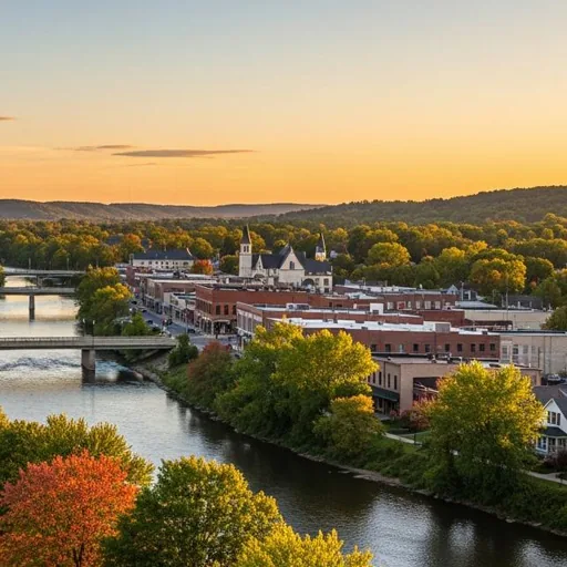 Elk River, MN – riverside downtown and church steeples at sunset