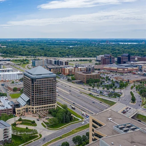 Golden Valley, MN – office towers and highway interchange from above