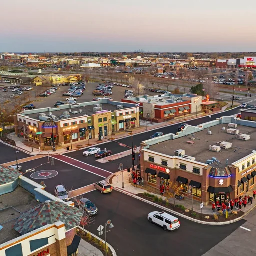Maple Grove, MN – shopping district streets at dusk from above