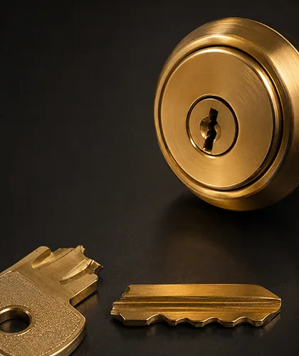 Snapped key next to a brass deadbolt cylinder — broken key extraction in St. Louis Park, MN
