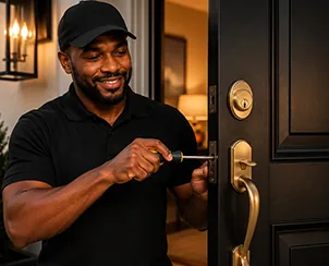 Locksmith installing a brass handleset and deadbolt on a home's front door in St. Louis Park, MN
