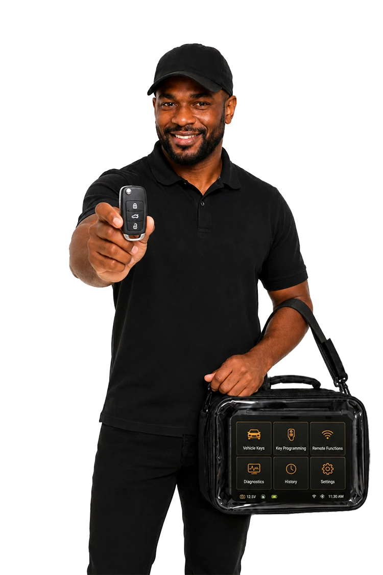 Locksmith with a replacement car key fob and key-programming tablet, serving St. Louis Park, MN
