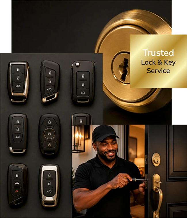 Great Lakes Lock and Keys services: car key fobs, a brass deadbolt, and a locksmith installing a front-door lock in St. Louis Park, MN
