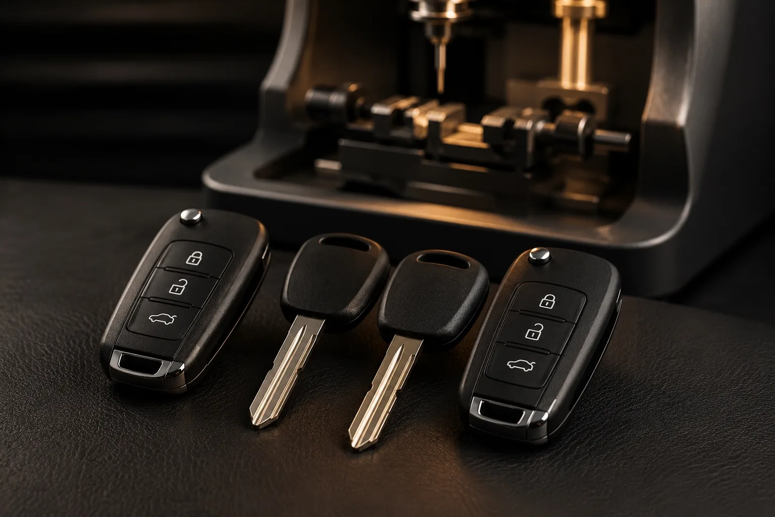 Duplicate car keys and flip key fobs freshly cut on a key-cutting machine