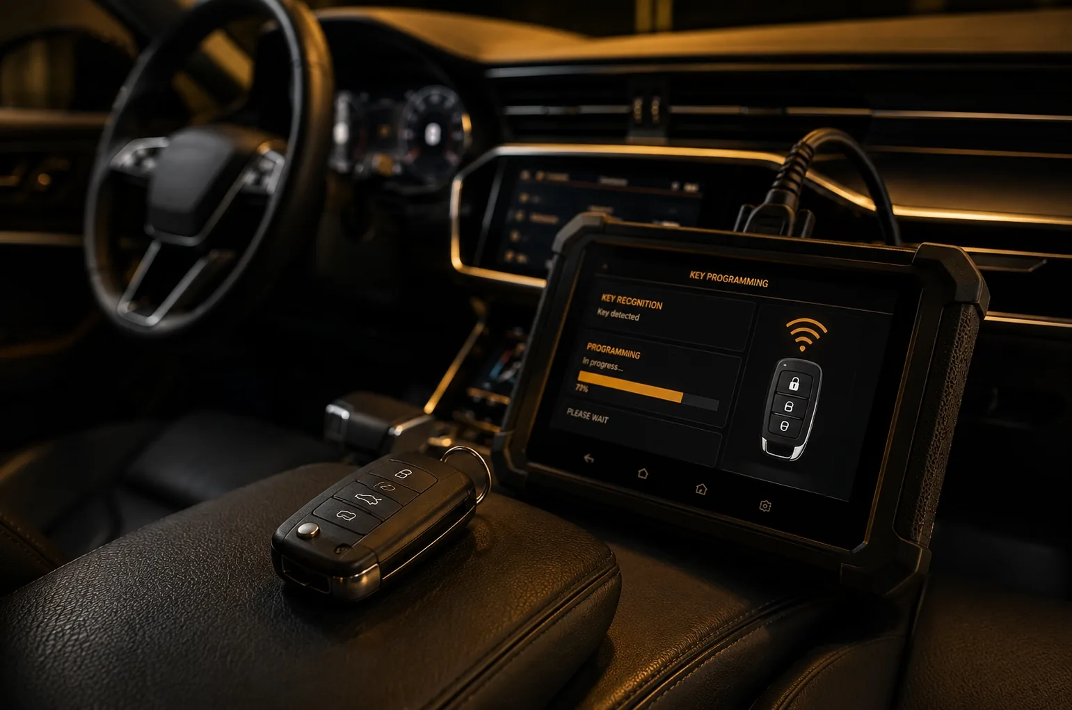 Key-programming tablet plugged into a car's diagnostic port while programming a new key fob