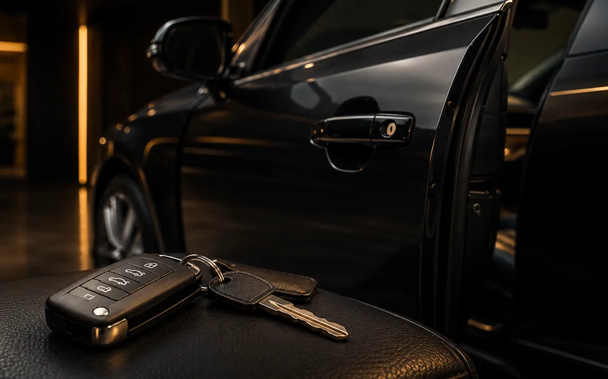 Car key and fob beside an unlocked car — car lockout service in St. Louis Park, MN
