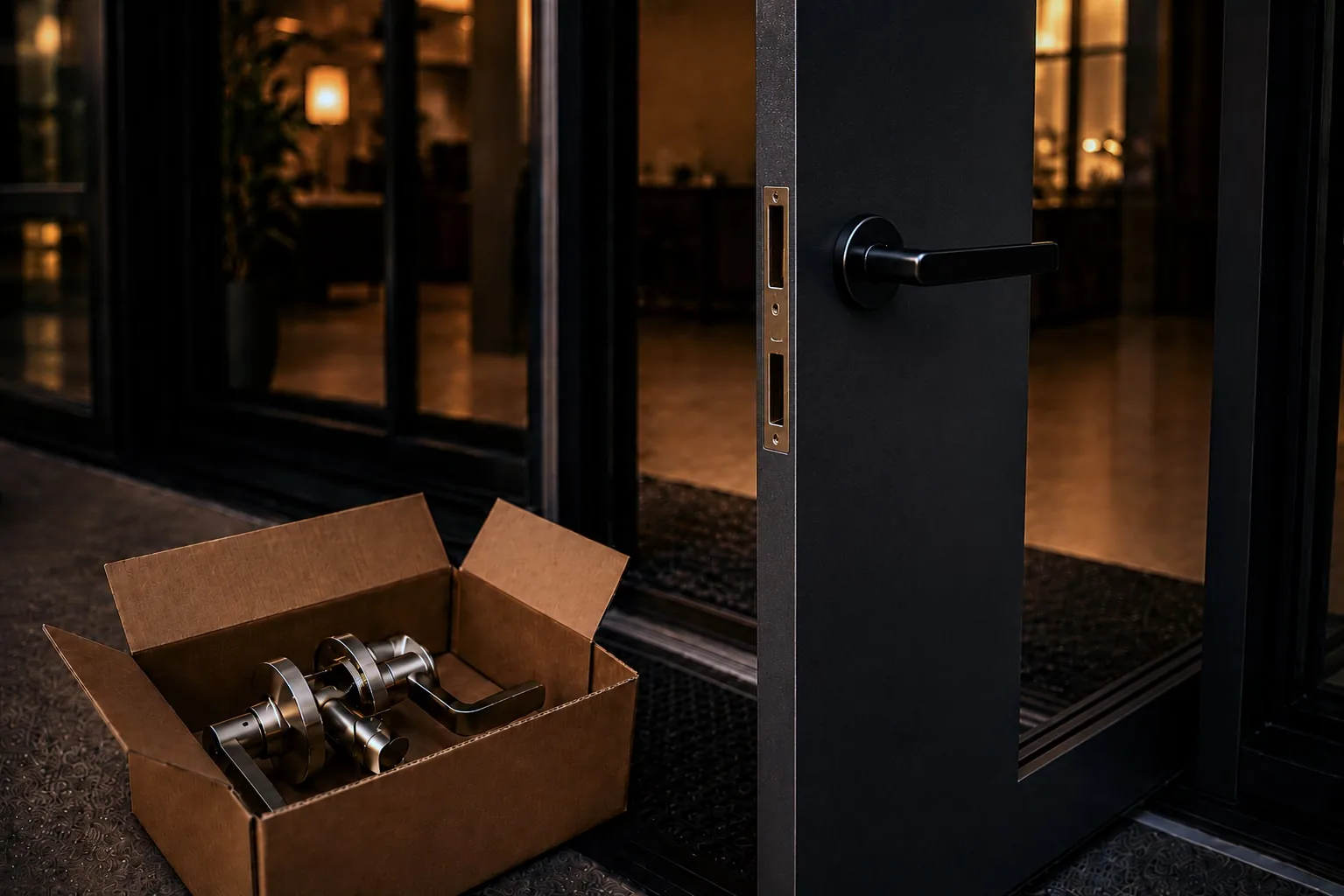 New commercial lever lockset unboxed beside a glass office door