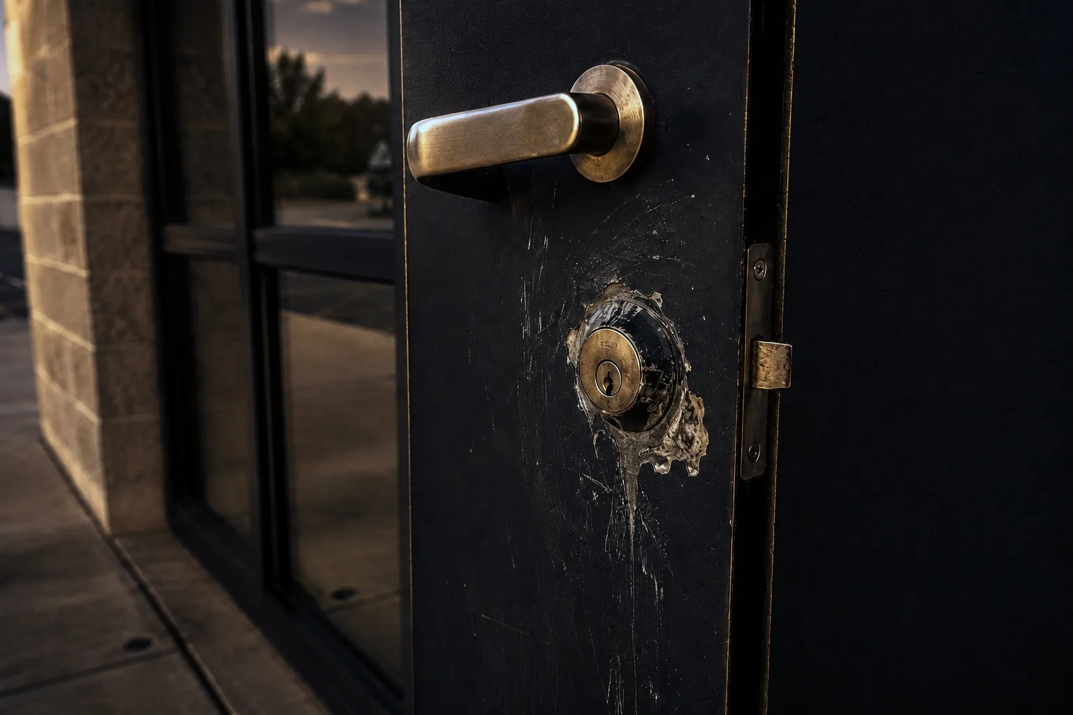 Damaged commercial door lock cylinder with tamper marks beside a brass lever handle