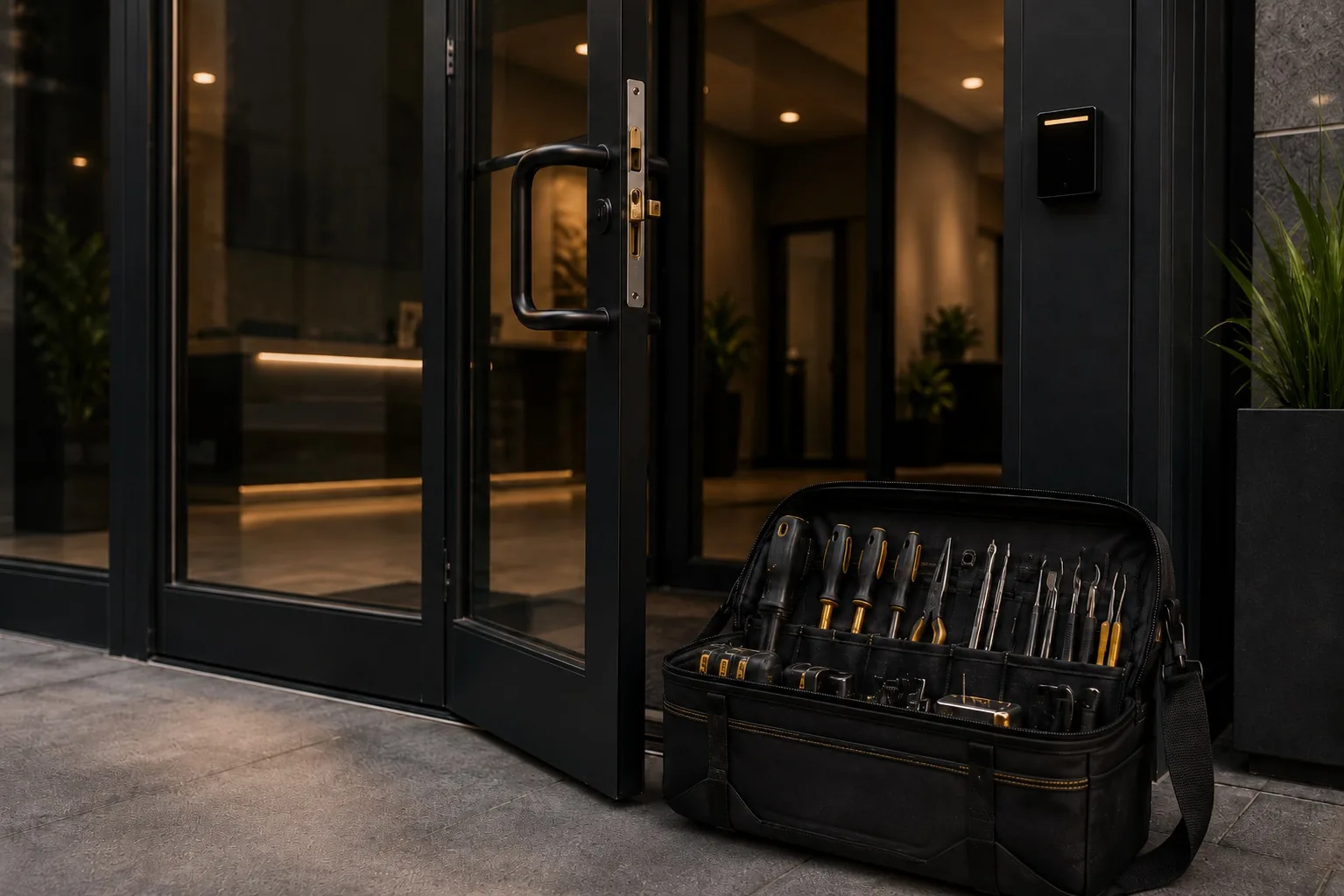 Locksmith tool bag at a commercial building entrance — business unlock service in St. Louis Park, MN