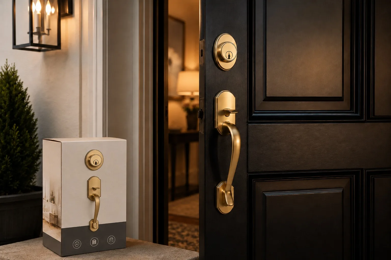 New brass handleset and deadbolt installed on a front door, with the lockset box nearby