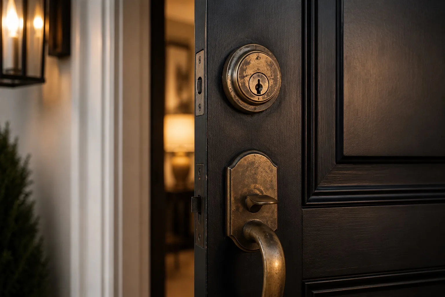 Worn, tarnished deadbolt and handleset due for replacement on a home's front door