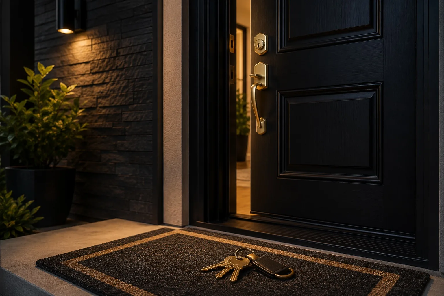 House keys on the doormat outside an open front door — home unlock service in St. Louis Park, MN