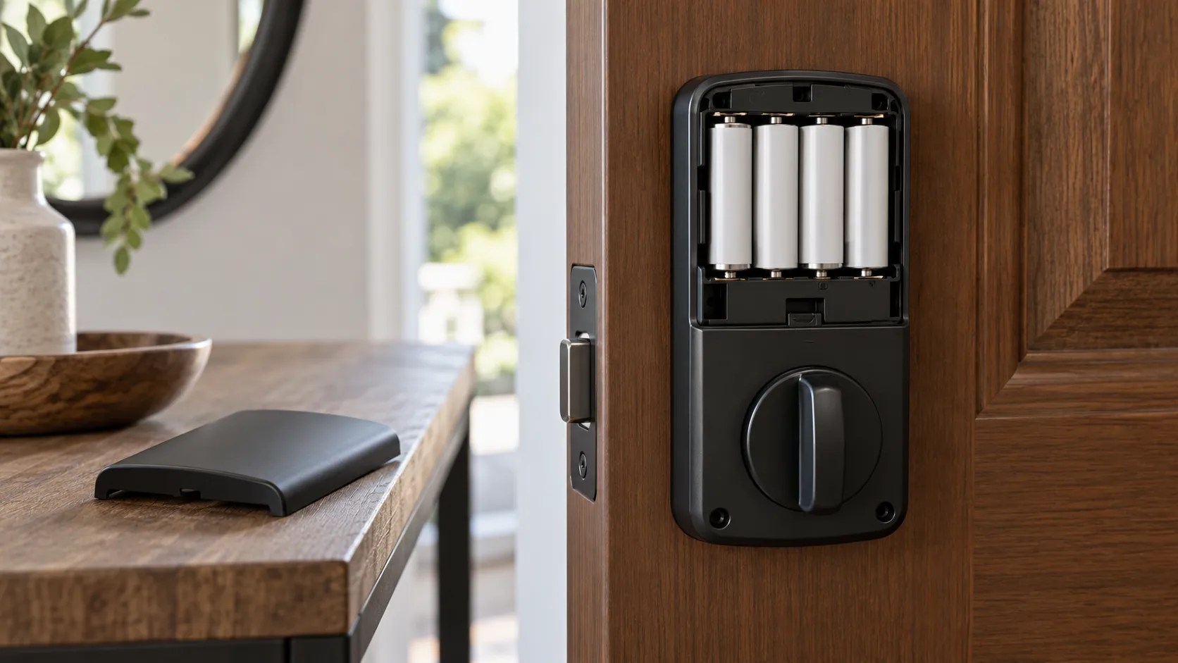 The inside housing of a keypad deadbolt with its battery cover removed and four AA cells in place