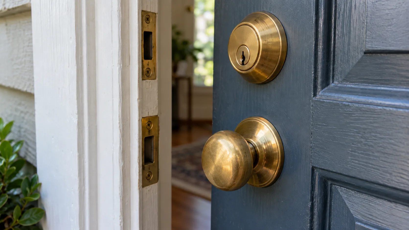 A brass deadbolt above a knob lock on a painted wood front door