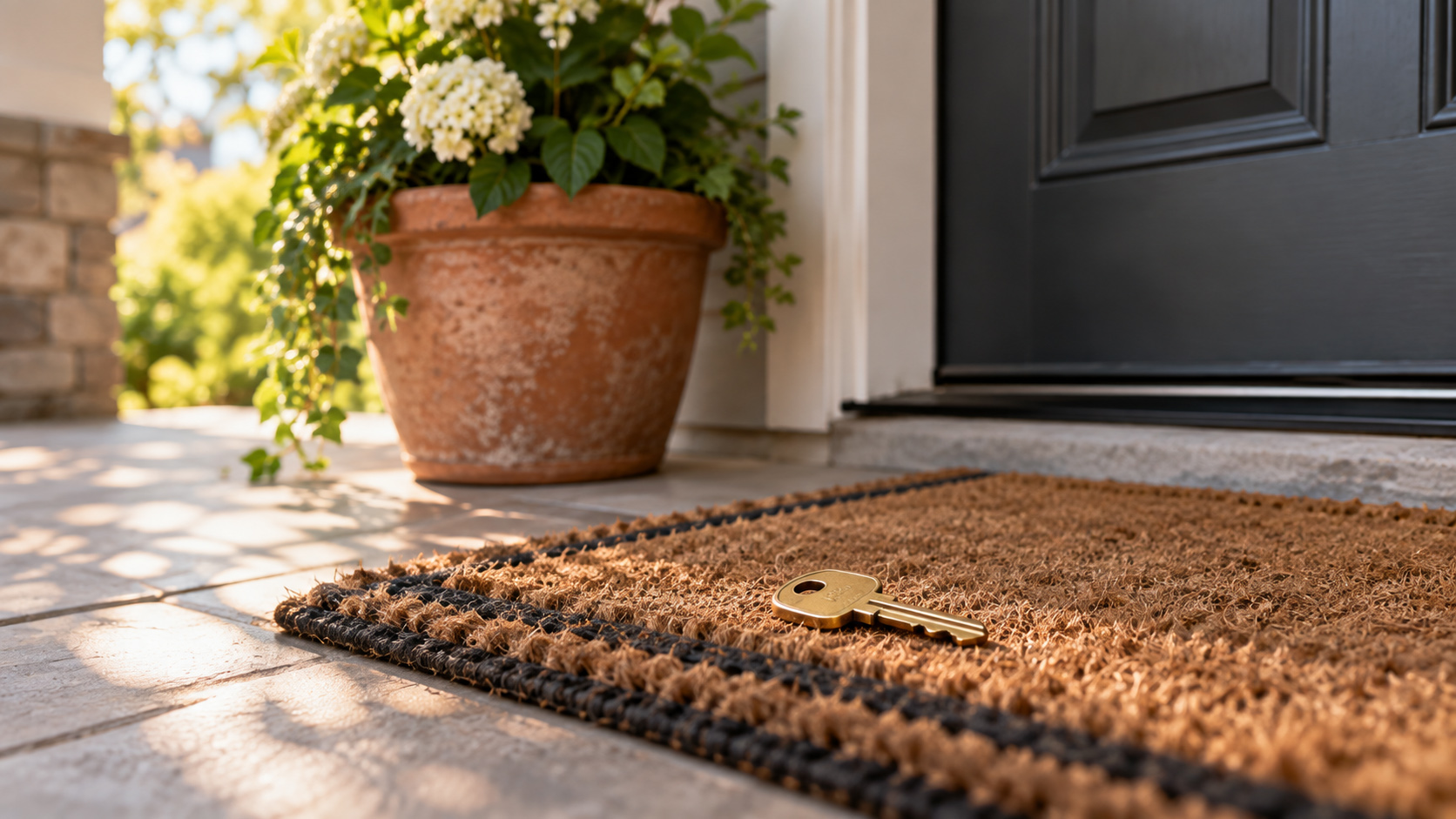 A brass house key on the corner of a doormat beside a terracotta planter