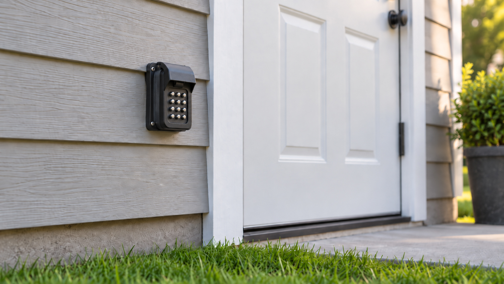A metal lockbox with its weather cover closed, mounted on lap siding beside a garage service door