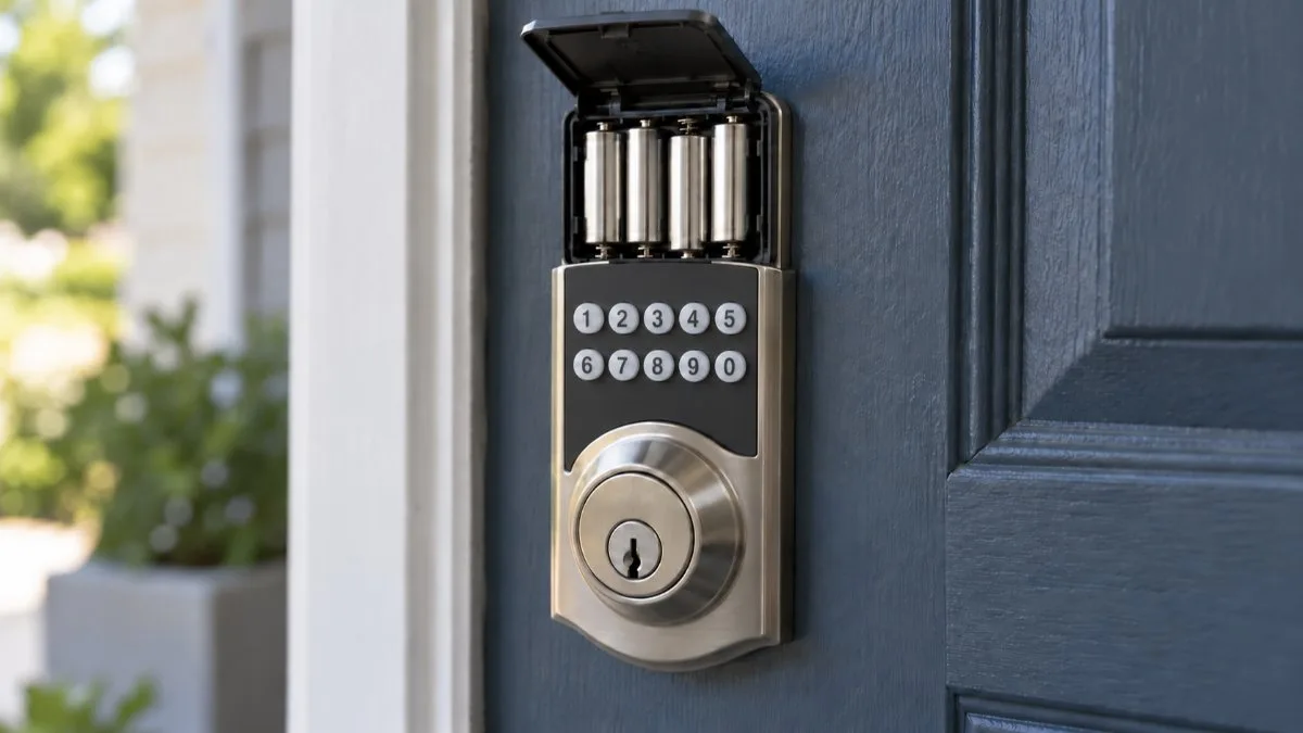 Keypad deadbolt on a front door with the battery cover open and the key cylinder visible.