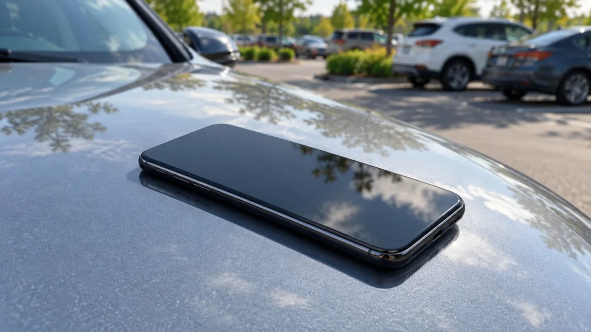 A phone resting on a car hood in a parking lot in daylight.