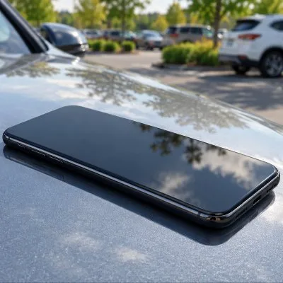 A phone resting on a car hood in a parking lot in daylight.