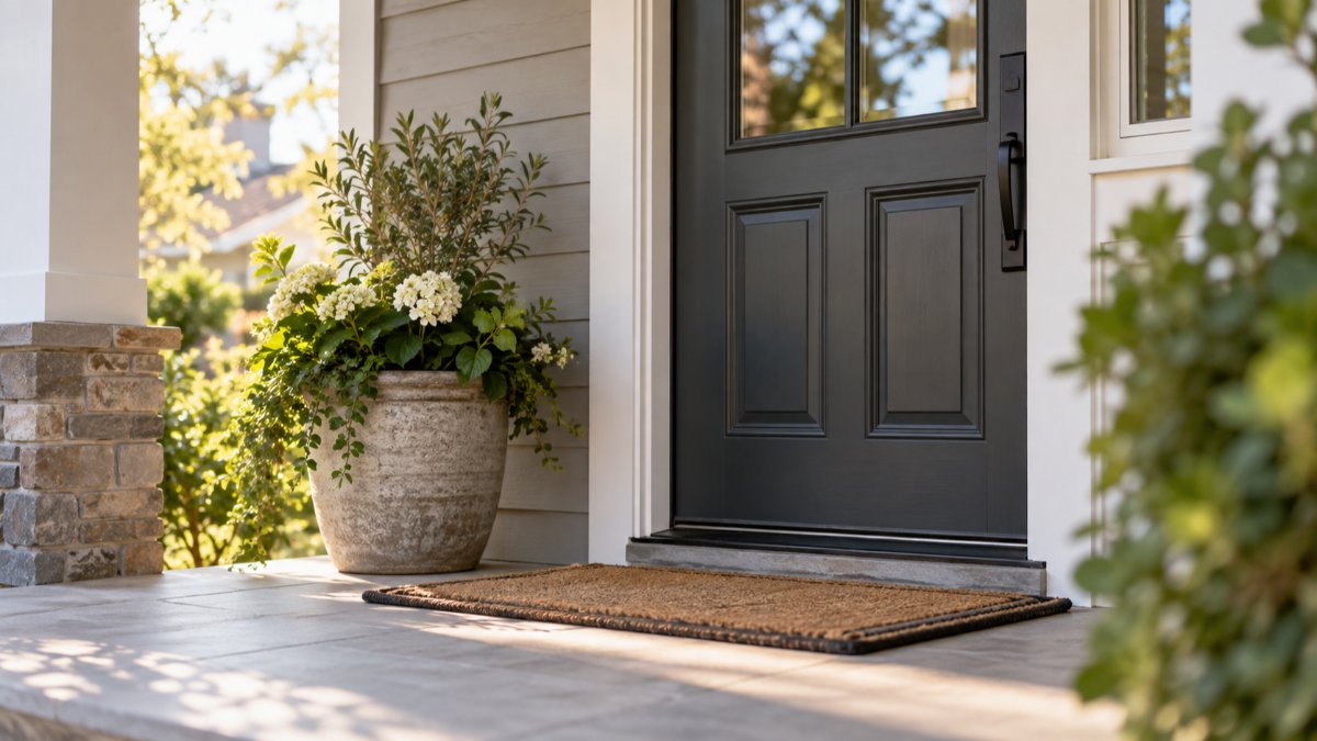 A front porch with a doormat and a potted plant beside the door.