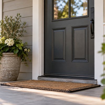 A front porch with a doormat and a potted plant beside the door.