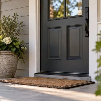 A front porch with a doormat and a potted plant beside the door.